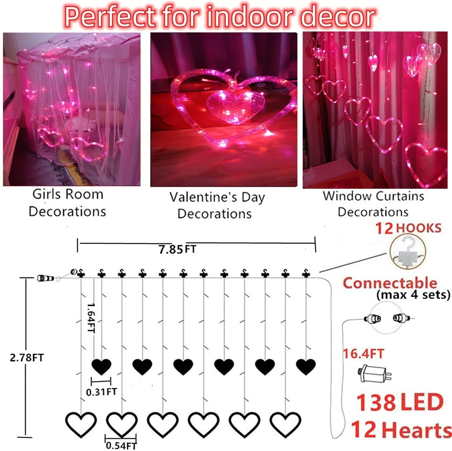 Efunly Valentines Day Decor Lights,138 LED 12-Heart-Shaped String Lights Waterproof,8 Modes Connetable 29V Plug in Curtain Lights for Kids Bedroom Wedding Party Valentines Day Decoration (Red+Pink)