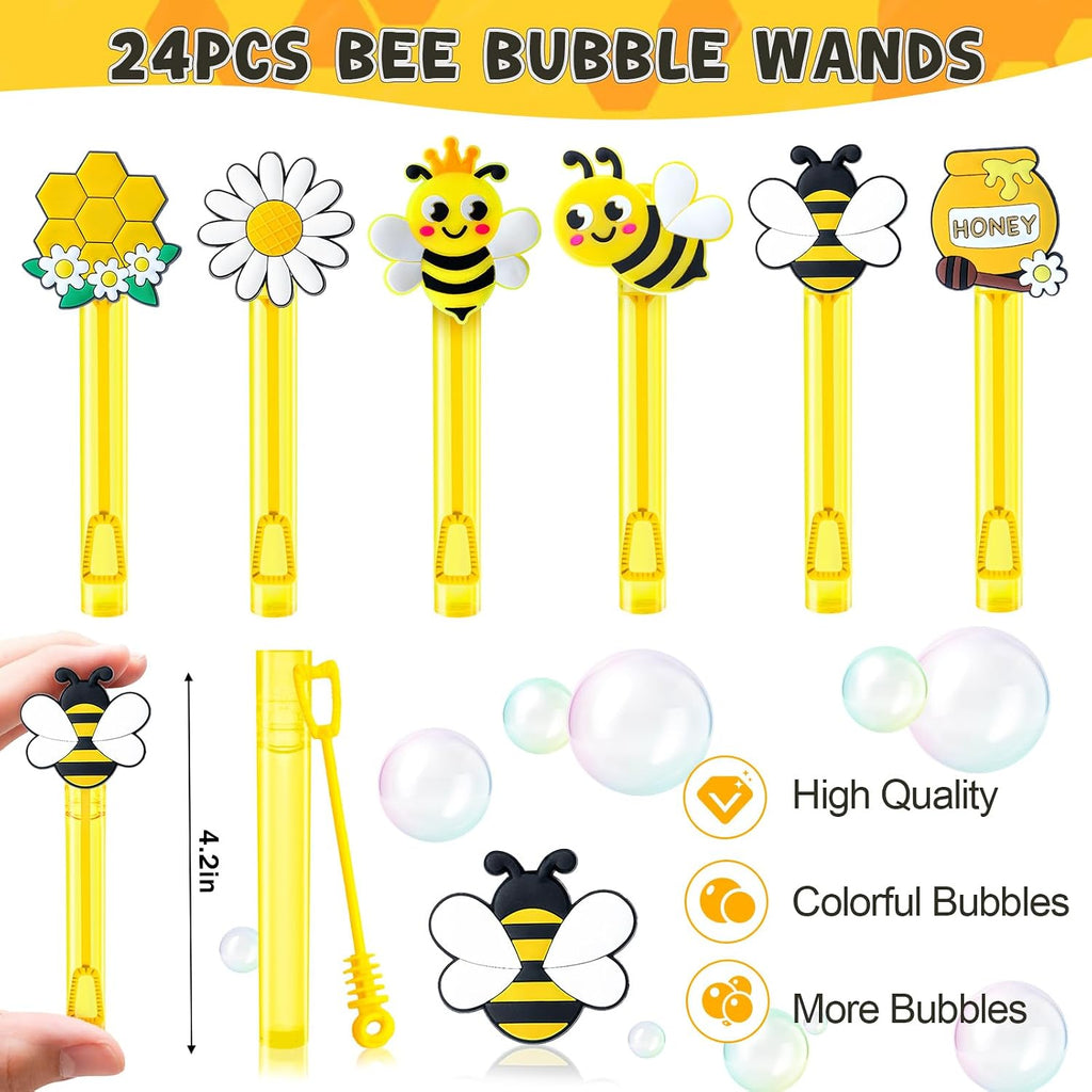 Winrayk Bee Party Favors, 24Pcs Bee Themed Mini Bubble Wands for Kids Bubbles Bulk with Detachable Topper (6 Styles & Colors), Birthday Gift Easter Goody Bag Stuffer Classroom Prizes Honey Party Favor