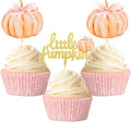 24 Pcs Pumpkin Cupcake Toppers, Thanksgiving Birthday Baby Shower Bow Fall Theme Party Decorations Gender Reveal Supplies (bow pink)