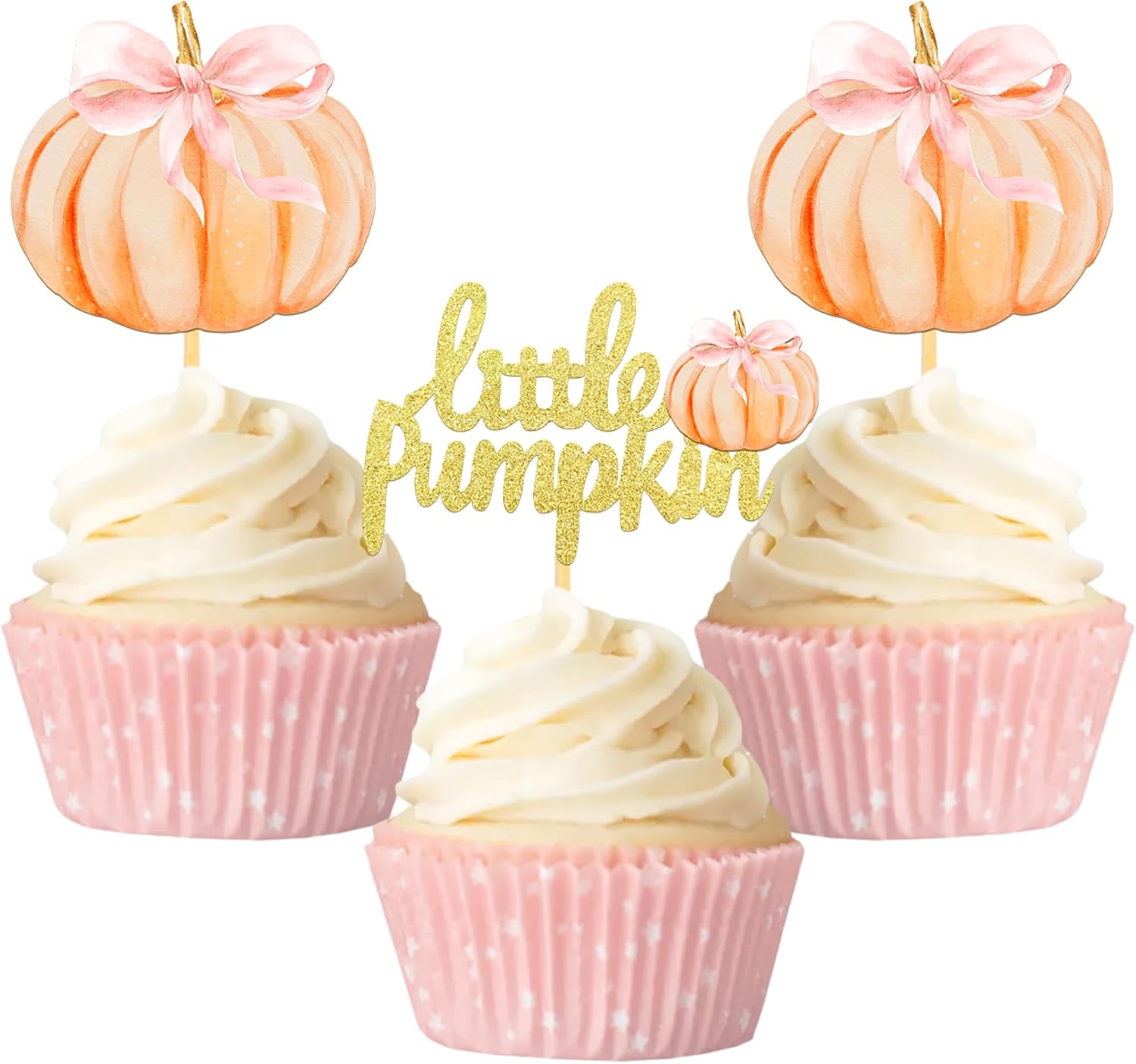 24 Pcs Pumpkin Cupcake Toppers, Thanksgiving Birthday Baby Shower Bow Fall Theme Party Decorations Gender Reveal Supplies (bow pink)