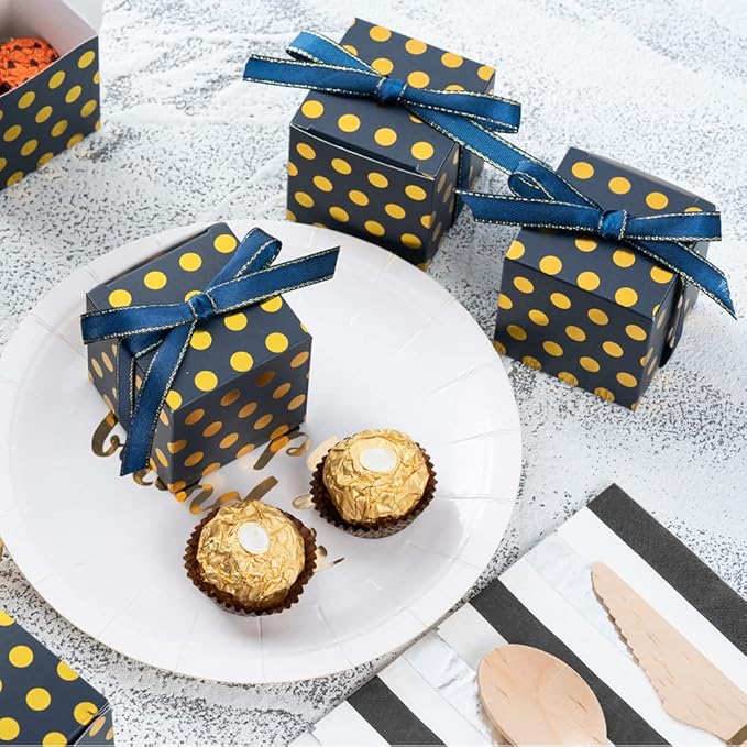Navy Blue Gift Candy Box with Gold Dots Bulk 2x2x2 inches with Ribbon Party Favor Box for Birthday Graduation Party, Gold Dots,Pack of 50
