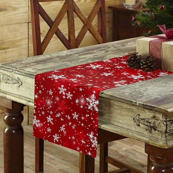 Christmas Snowflakes Cotton Linen Table Runner for Dining Kitchen, Red Xmas Winter Snow Wedding Outdoor Party Tablerunners Decoration, New Year Dresser Scarf Coffee Tablecloth Runners 13x60 Inches