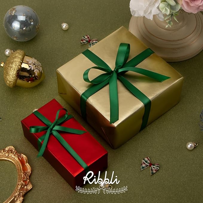 Ribbli Forest Green Satin Ribbon Double Faced Satin 1/2 Inch x Continuous 100 Yards-Green Ribbon for Gift Wrapping Crafts Wedding Decoration Bows Bouquet Floral Arrangement