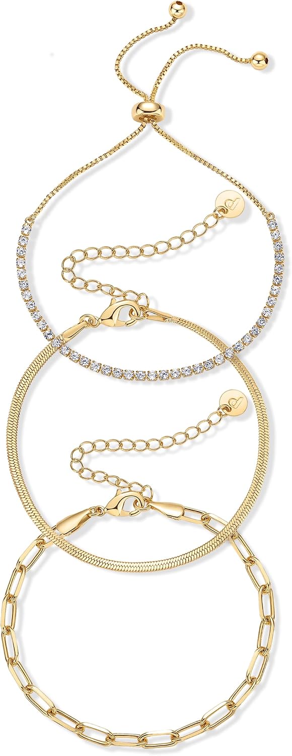 PAVOI Set of 3 Chain Bracelets for Women, 14K Gold Plated Dainty Bracelets