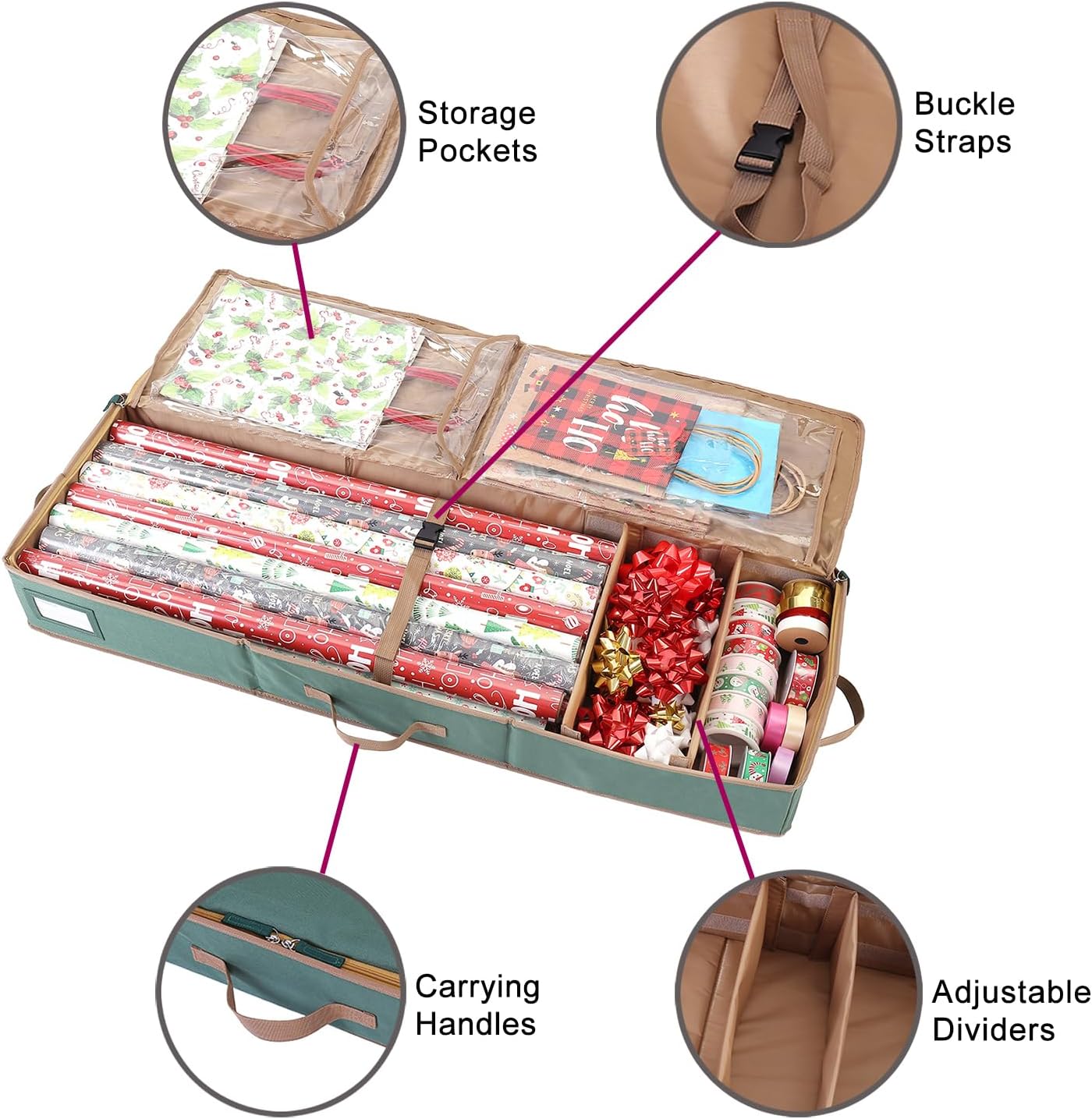 Sattiyrch Gift Wrapping Paper Storage containers,600D Oxford Fabric Christmas Ribbon Gift Bag Bows Storage Box,Holds up to 20 Rolls,42"W x 14"D x 5.5"H (Red)