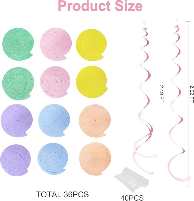 36 Pcs Pastel Hanging Swirl Decorations Pastel Color Felt Swirl Streamer Spiral Ceiling Decorations Garland for Macaron Colorful Birthday Wedding Baby Shower Easter Party Supplies