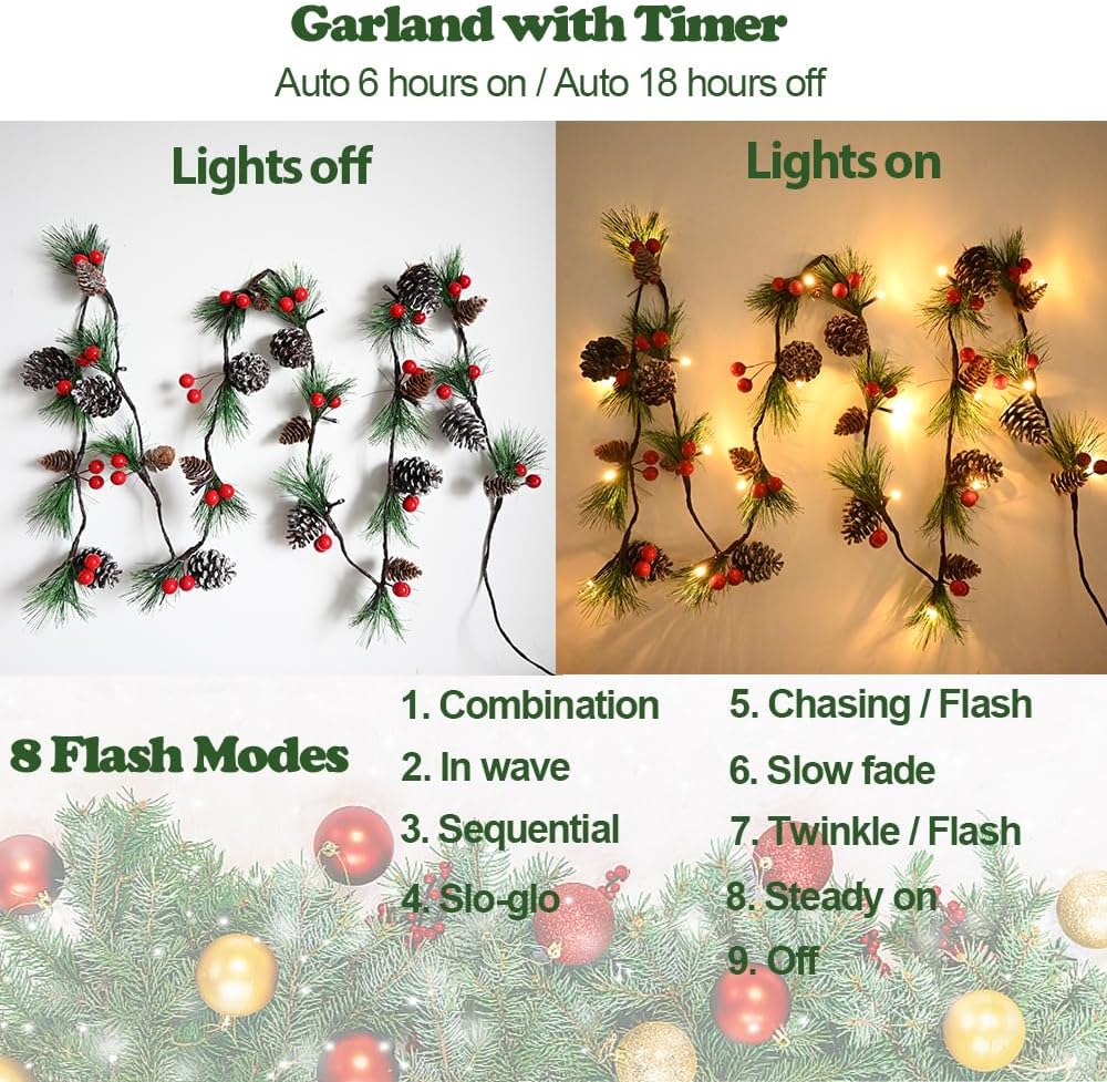 christmas garland lights 6.56ft holiday prelit garlands pine, close-up detail