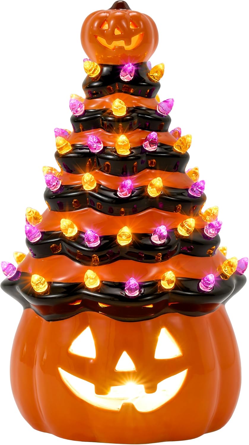 JOYIN 8.5 Inch Halloween Orange Pumpkin Ceramic Tree with Multicolor Bulbs, L...