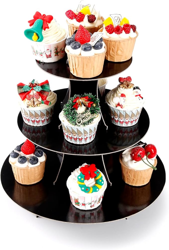 3-Tier Cupcake Stand, Cake Stand holder, Tiered DIY Cupcake Stand Tower for Dessert Table Displays, Birthday Theme Party Favors Decoration, Floral Tea Party, 12" W x 12.8" H, Black