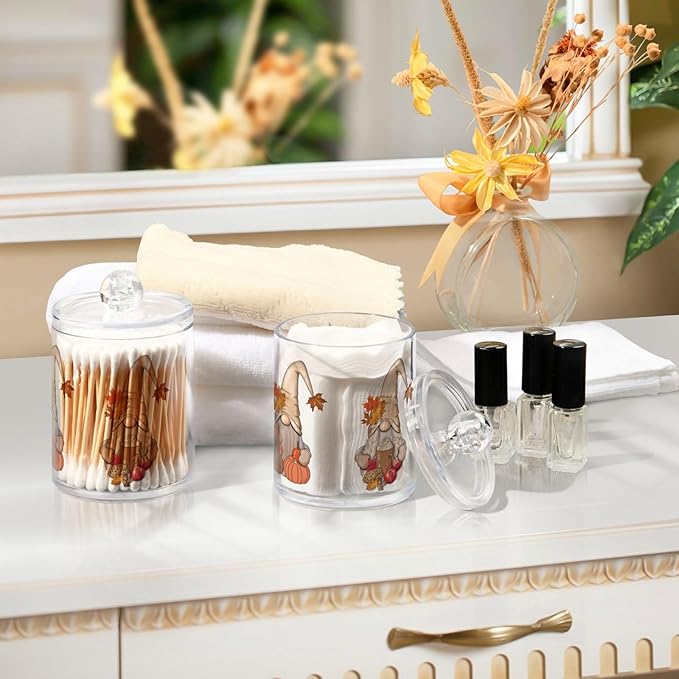 Gredecor 4 Pack Apothecary Jars with Lid Fall Gnome Maple Pumpkins Qtip Holder Dispenser Storage Containers Clear Plastic Cute Fall Autumn Thanksgiving Theme Canisters for Bathroom Vanity Organization