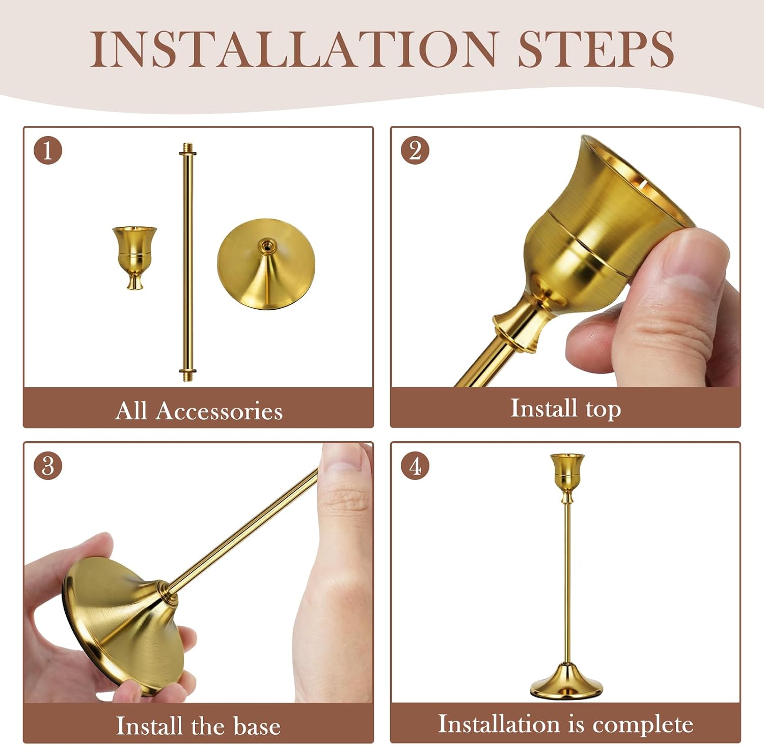 Gold Candlestick Holders Set of 6, Weighted, Metal Taper Candle Stick Holders, Vintage Christmas Brass Home Decor for Table, Mantel, Room Decorations Housewarming Gift Gold-6