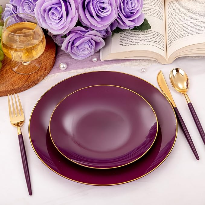 Liacere 150PCS Purple Plastic Plates - Gold Plastic Silverware with Purple Handle - Disposable Plates Include 30 Guests Plates, Forks, Spoons, Knives for Wedding&Father's Day&Independence Day