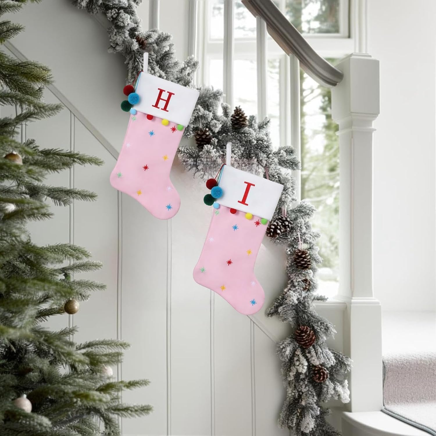 19" Pink Personalized Christmas Stocking—Embroidered Letter-S | Embroidered Fleece Stockings with Stars & Pom Poms, Holiday Fireplace Decor for Xmas Party,Festive Gift
