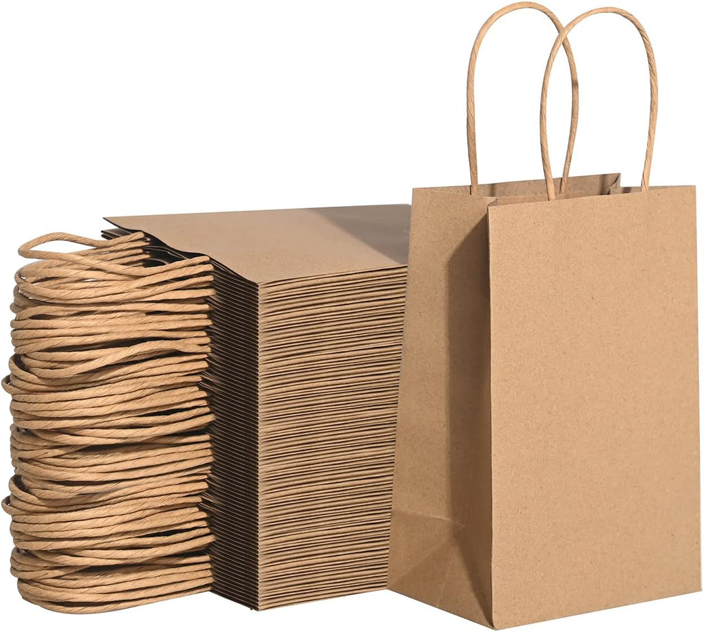 100 Pack Small Paper Gift Bags with Handles, 5.25 x 3.25 x 8 Inch, Brown | Kraft Material, Bulk Pack for Craft, Shopping, Business, Retail, Party Favor, Birthday and Grocery Use