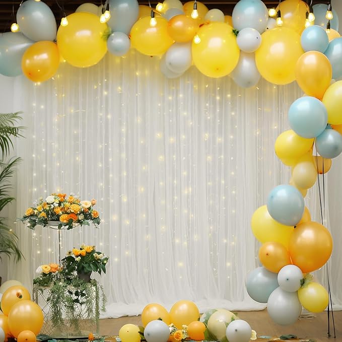 30×10ft White Tulle Backdrop Curtain with Lights String for Parties, Sheer Photo Backdrop Curtains for Wedding Party Photography Background