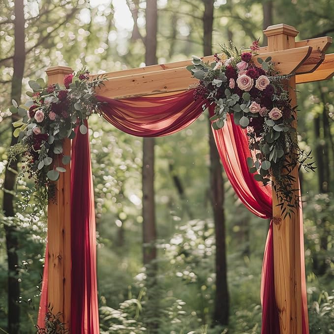 Wokceer Burgundy Wedding Arch Draping Fabric Backdrop 3 Panels 28.7" X 20FT Sheer Drapes Fabric for Wedding Arbor Ceremony Party
