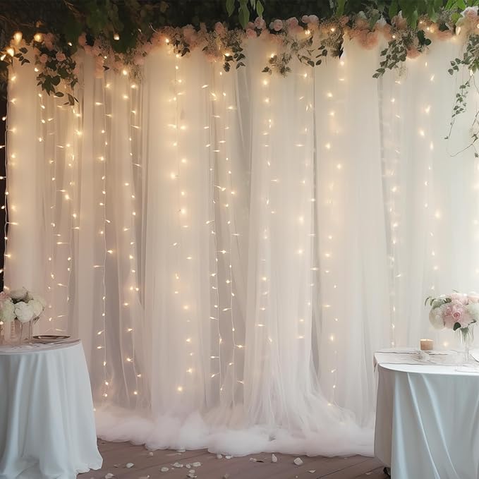 20×10ft White Tulle Backdrop Curtain with Lights String for Parties, Sheer Photo Backdrop Curtains for Wedding Party Photography Background
