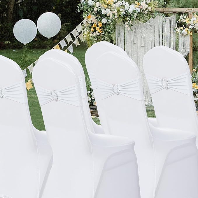 Howhic Pack of 60 Spandex Chair Sashes Bows Stretch Chair Cover Band with Buckle Slider Universal Elastic Chair Ties for Wedding Banquet Party Event Decoration (White)