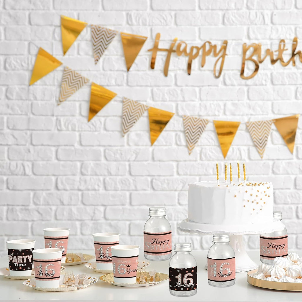Zonon 39 Pieces Happy 16 Water Bottle Labels 16th Birthday Water Bottle Wrappers Happy Sixteen Waterproof Label Stickers for 16th Girls Birthday Party Decorations Guests Favors (Pink)