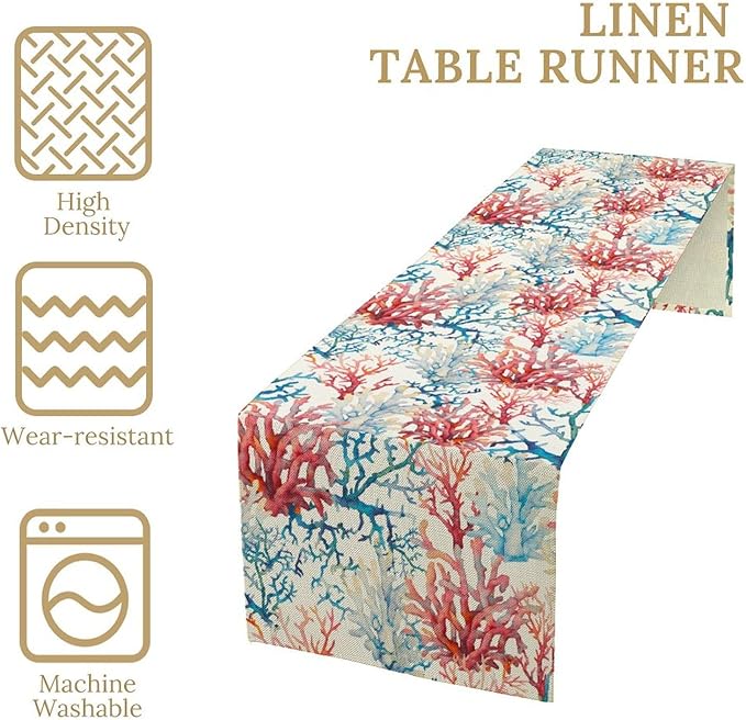 Blue Beach Table Runner, Tropical Ocean Coast Table Runner, Seashell Seasonal Nautical Restaurant Coffee Table Decorations for Home Holiday Party Indoor Outdoor 13x60 Inch