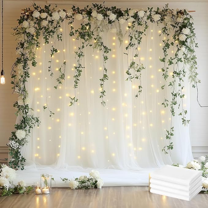 Tulle Backdrop Curtain with Lights String 20 X 8FT Ivory Sheer Tulle Backdrop Curtains for Wedding Birthday Party Reception Photo Booth Background Decorations (4 Panels 5x8FT)