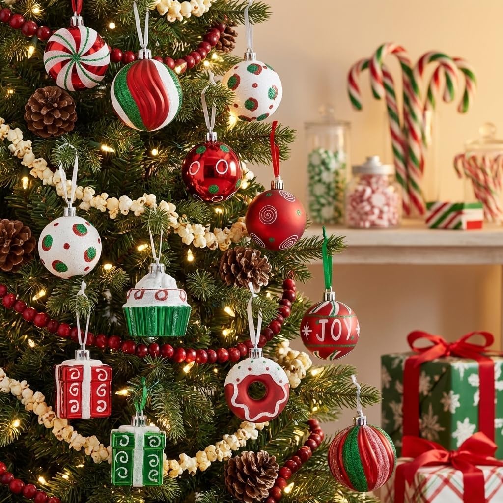 Valery Madelyn Christmas Tree Ornaments Set, 16ct Candy Cane Red Green White Shatterproof Christmas Tree Decorations Bulk, 2.36 Inch Decorative Hanging Ball Ornament for Xmas Trees Holiday Decor