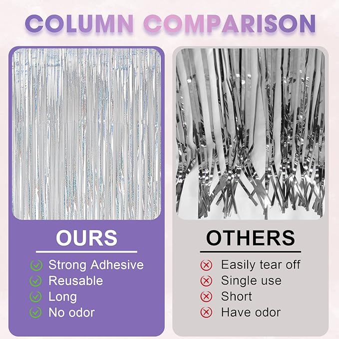 4 Pack Laser Silver Foil Fringe Backdrop Curtains, Tinsel Streamers Birthday Party Decorations, Fringe Backdrop for Graduation, Baby Shower, Gender Reveal, Disco Party
