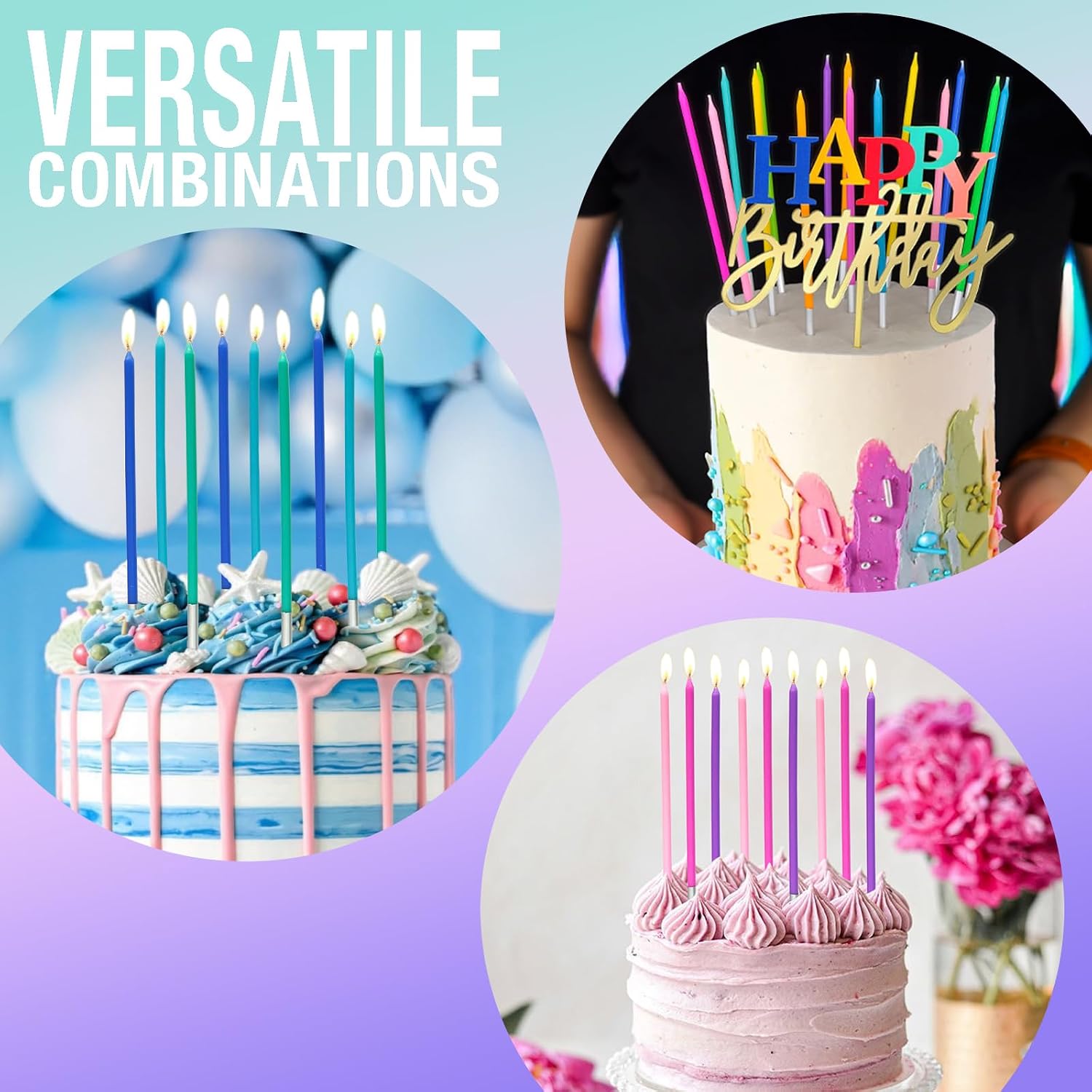 40-Count Rainbow Birthday Candles, Tall Thin Birthday Cake Candles Set, Rainbow Cupcake/Cake Decorations