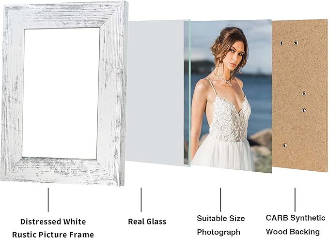 5x7 Picture Frame Set of 4, High Definition Glass Distressed White Frame, 5 x 7 Wood Photo Frames for Tabletop Display and Wall Mounting