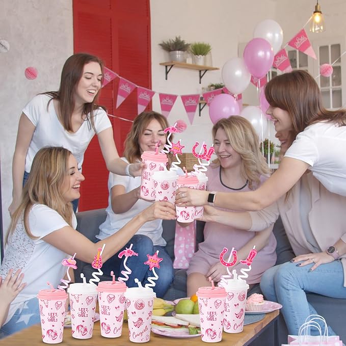 Yungyan 16 Sets Pink Cowgirl Party Favors Goodie Cups with Lids and Straws for Halloween Party Decorations Reusable 16oz Plastic Candy Cups Plastic Straws for Birthday Gift(Pink Cowgirl)