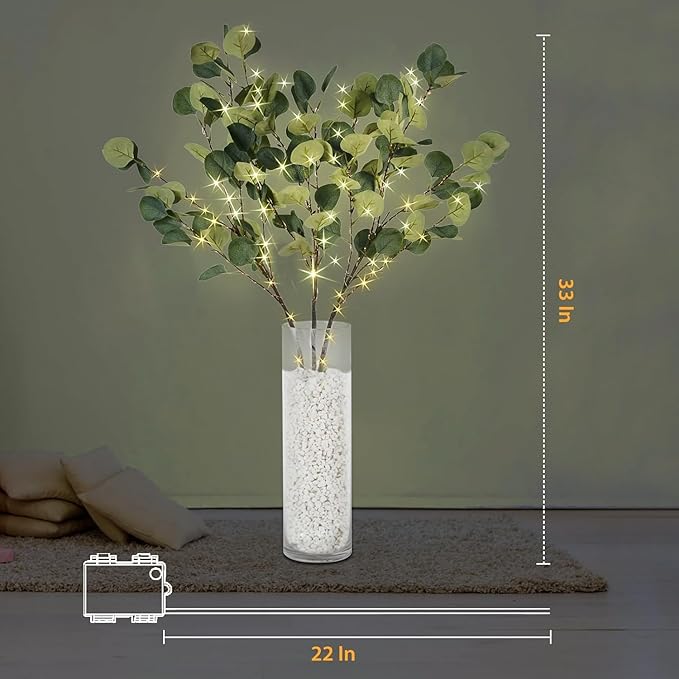 Lighted Eucalyptus Branches with Timer, Lighted Branches 33IN 99 LED, Artificial Light, Eucalyptus Night Light, Artificial Plant for Home Spring Party Wedding Decor-Battery Operated, Home Decor