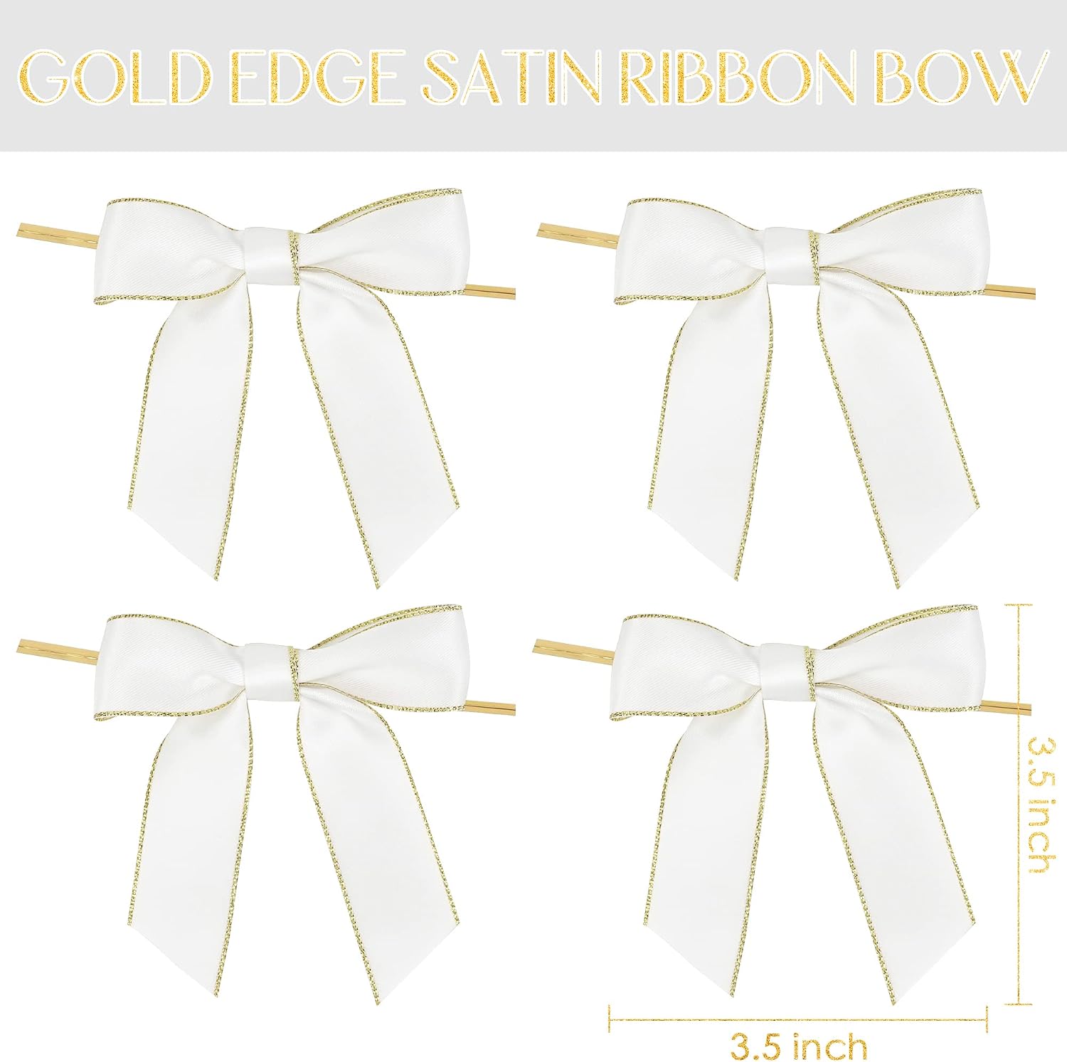 AIMUDI White Bows 3.5" Satin Twist Tie Bows Premade Ribbon Bows with Gold Edge Pretied Bows for Treat Bags, Cake Pop, Crafts, Wedding Favors, Gift Wrapping, Baby Shower, Apple Candy- 50 Counts