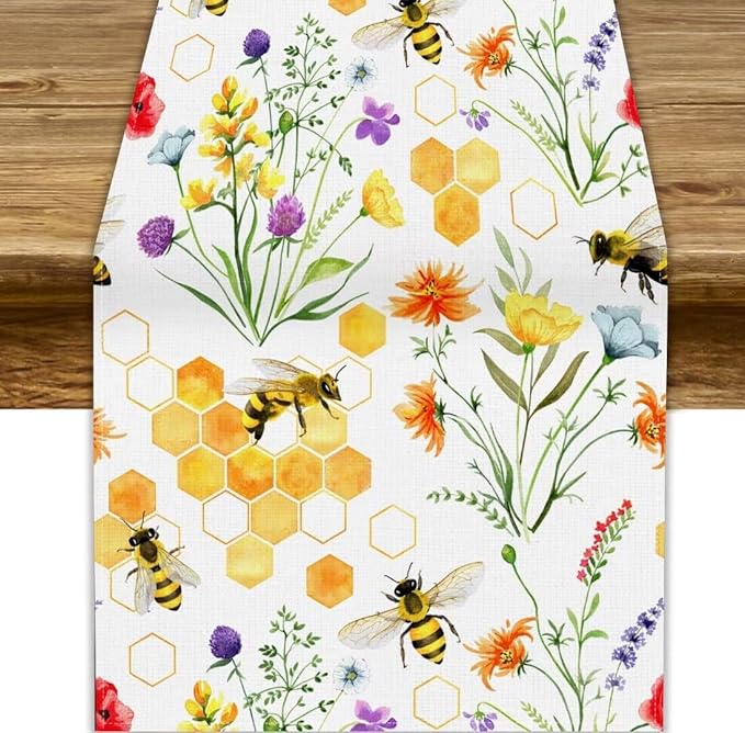 Summer Bee Table Runner, Seasonal Spring Wildflowers Bee Yellow Honeycombs Farmhouse Table Runner for Kitchen Dining Table Home Party Decor, 13x90inch