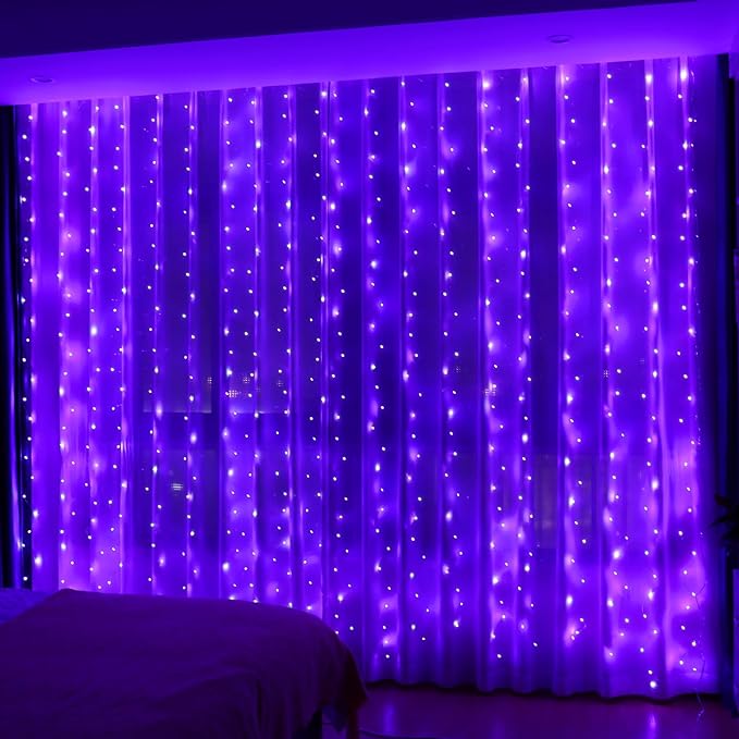 HXWEIYE 300LED Fairy Curtain Lights, 9.8x9.8Ft USB Plug-in 8 Modes Christmas String Hanging Lights with Remote for Bedroom Backdrop Wedding Party Indoor Wall Decor, Purple