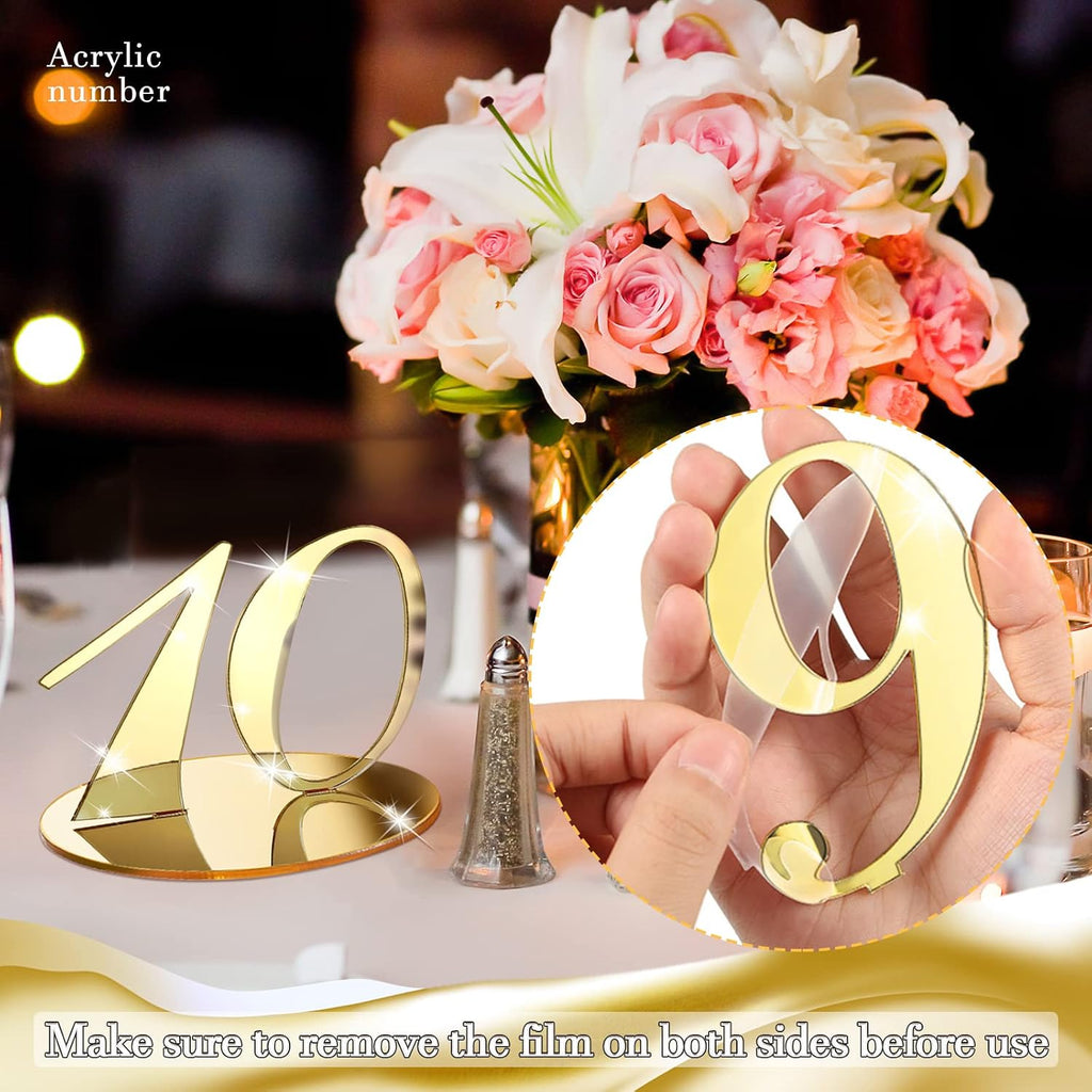 Yalikop 10 Pcs Table Numbers for Wedding 1-10 Reception Wedding Numbers Signs with Holder Elegant Mirror Table Number for Engagement Party Birthday Anniversary Event Catering(Gold)