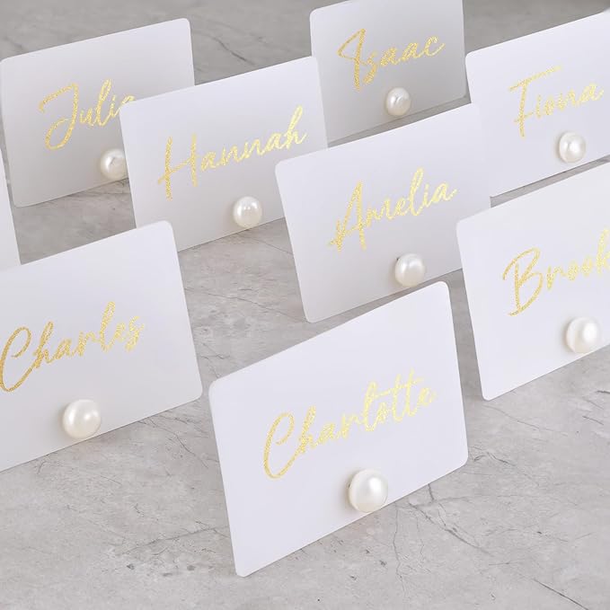 UNIQOOO 12Pcs Decorative Pearl Place Card Holders Bulk, Elegant Ivory Name Card Stands Set, for Wedding Table Place Cards, Dessert Table Decor, Retail Shop, Business Card, Name Tag, Party Food Signs