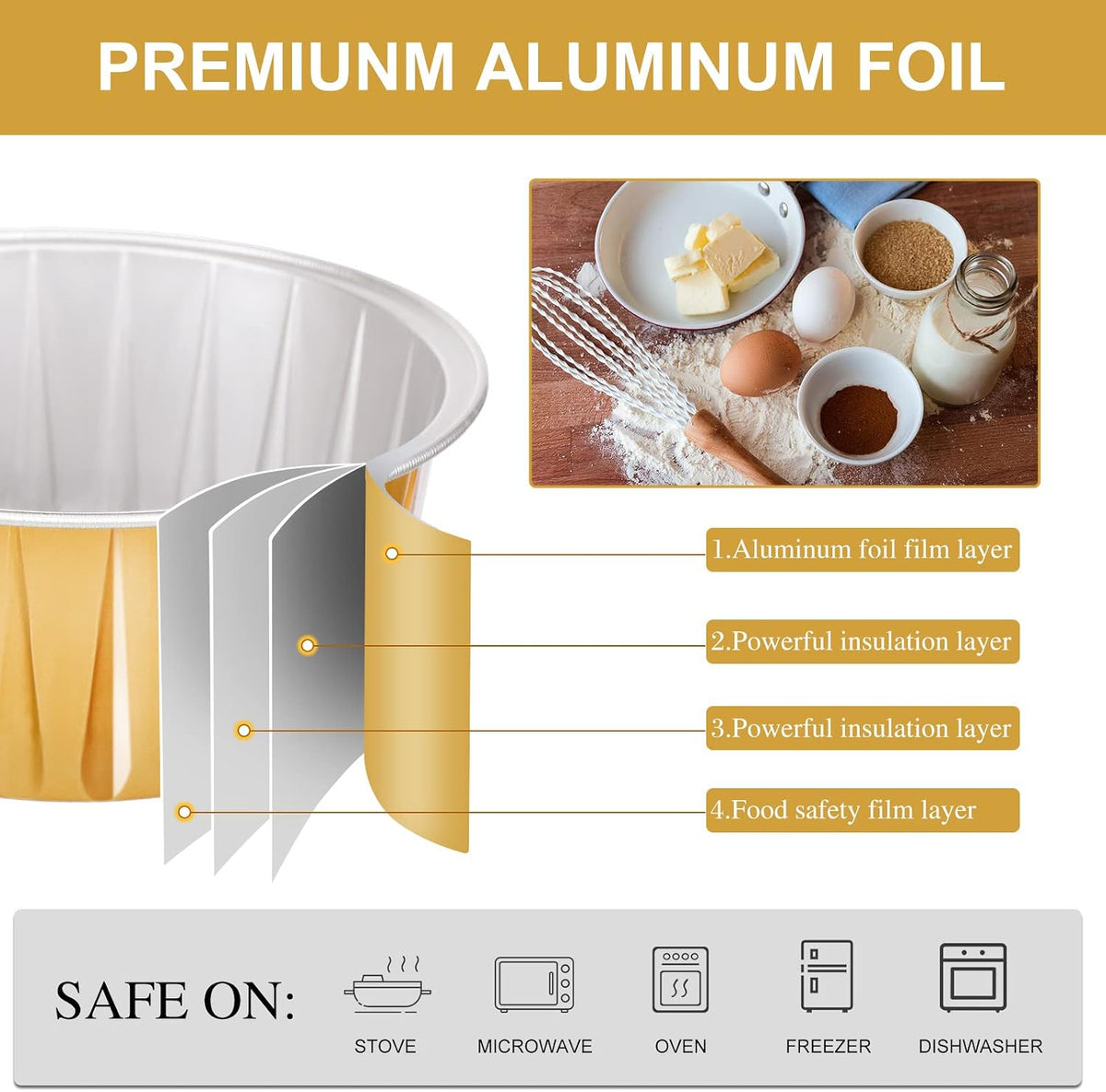 200 Pack Aluminum Cupcake Liners with Lids,Gold,Plain