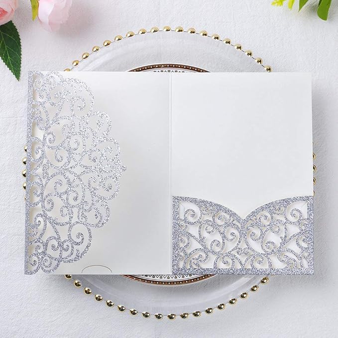 PONATIA 5.12 x 7.2 Laser Cut Invitation Pocket, 20 Tri-Fold 5 x 7 Laser Cut Wedding Invitation Pockets with Envelopes for Wedding Bbay Shower Birthday Sweet 16 Invite (Silver Glitter, No Inner Sheet)