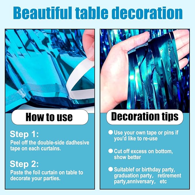 3 Pack 29 x108 Inch Lake Blue Foil Fringe Table Skirts Metallic Banner for Tinsel Streamer Garland Backdrop for Parade Floats Wedding Thanksgiving Birthday Christmas New Year Party Decoration