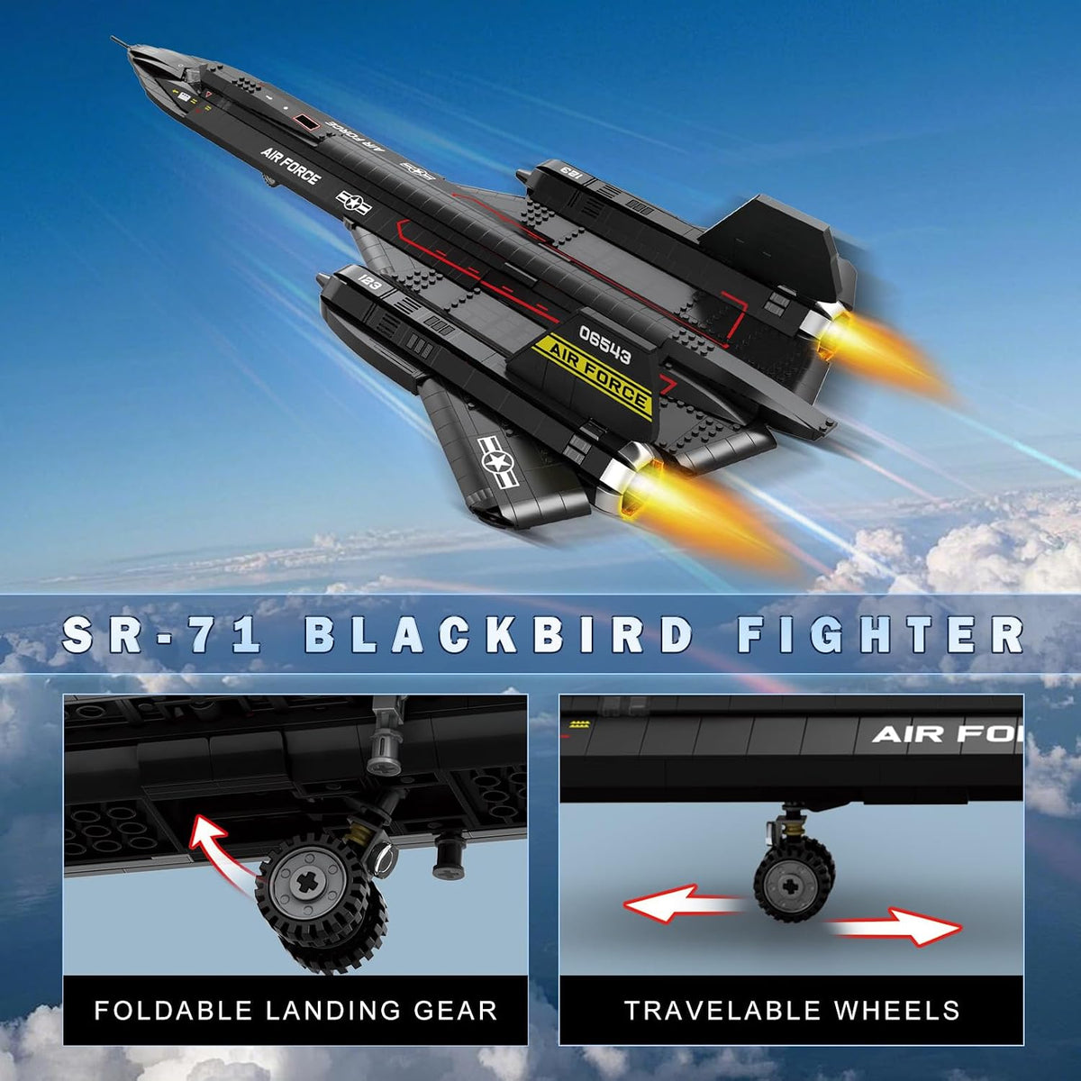 reobrix sr-71 blackbird building set, 1775 pcs military showing dimensions