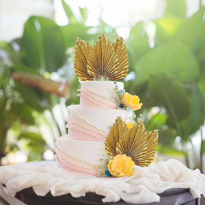Ephlyn 6Pcs Paper Palm Leaves Fan Cake Toppers Palm Leaf Fan Cake Picks Craft DIY Fan Cupcake Toppers Palm Spear Leaves Cake Decorations for Baby Shower Wedding Birthday Party Supplies Bright Gold