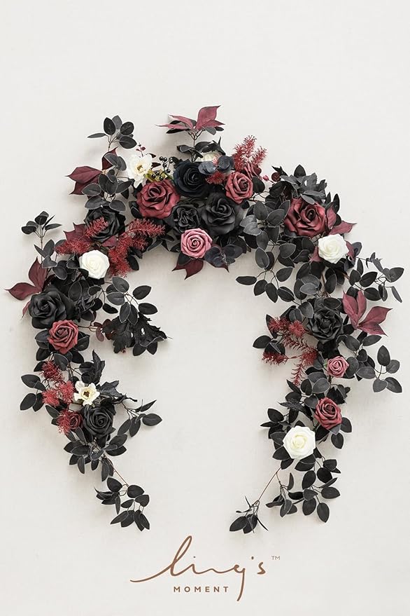Ling's Moment Flower Garland - 6FT Eucalyptus & Rose - Sweetheart Table Decor for Wedding Reception, Artificial Floral Garland for Mantle, Thanksgiving, Christmas Decoration, Black & Burgundy