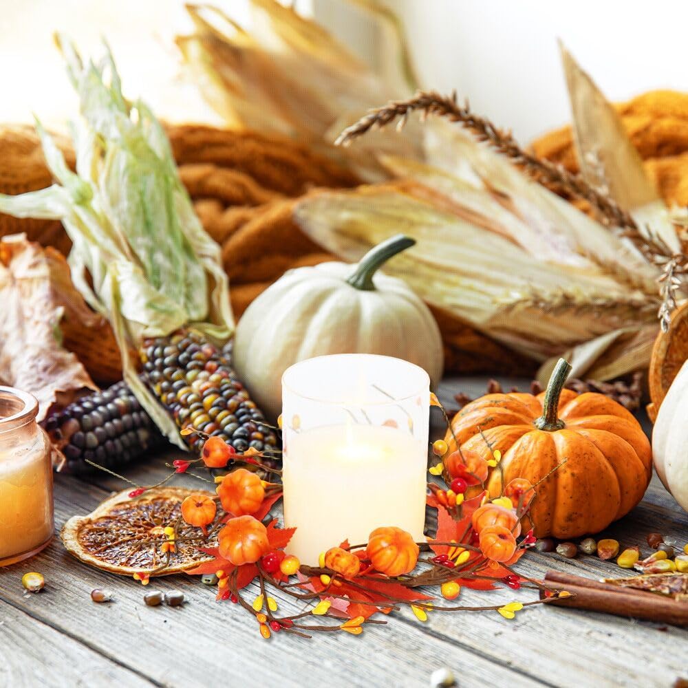 2 Pieces Pumpkins Maple Leaves Candle Rings Wreaths with Pip Berry Fall Candle Rings Thanksgiving Day Ring Holder Mini Autumn Artificial for Wedding,Door Tabletop Decoration (Orange)