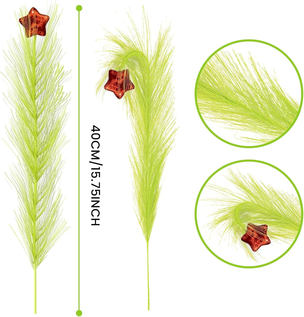 15.7 Inch Christmas Tree Topper with 12 Pcs Green & Red Picks - Fluffy Pampas Grass Xmas Decor for Tree, Vase Fillers, Holiday Party & Home Decorations