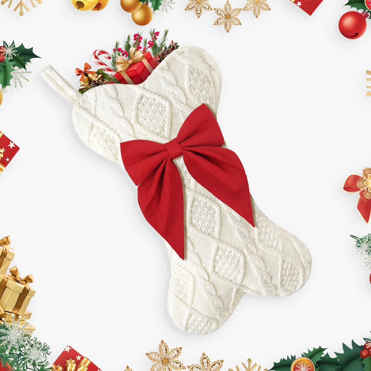 Dog Christmas Stocking,Knit Pet White Large Christmas Stocking,Dog Bone Christmas Stockings for Dogs Puppys Pets,Hanging Bone with Bow (Red)