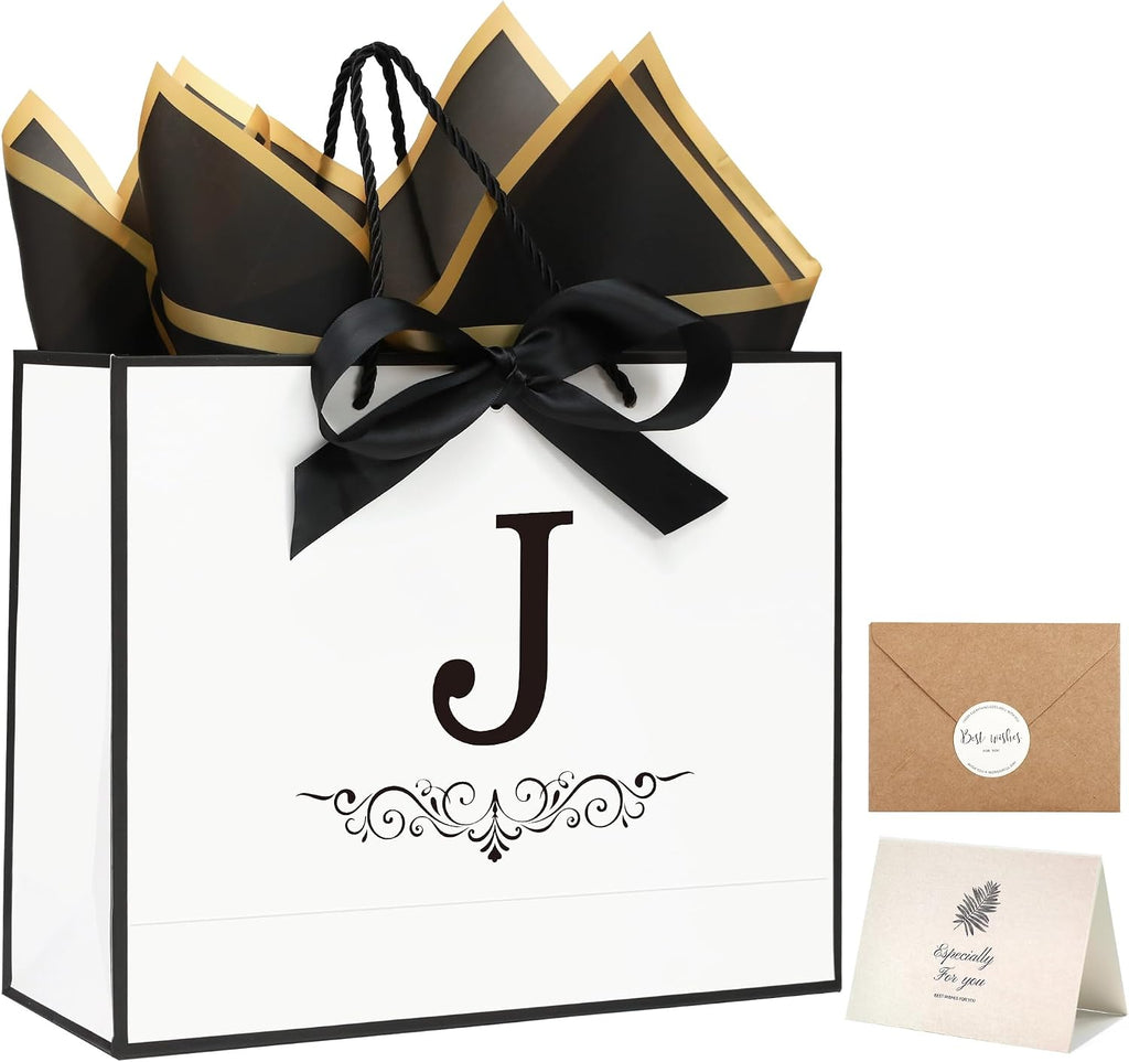 KeerxunBag Personalized Monogram Gift Bags Set - Initial J White Gift Bags with Bow, Tissue Paper, Greeting Card & Envelope for All | Medium Party Favors, Reusable Gift Packaging (J)