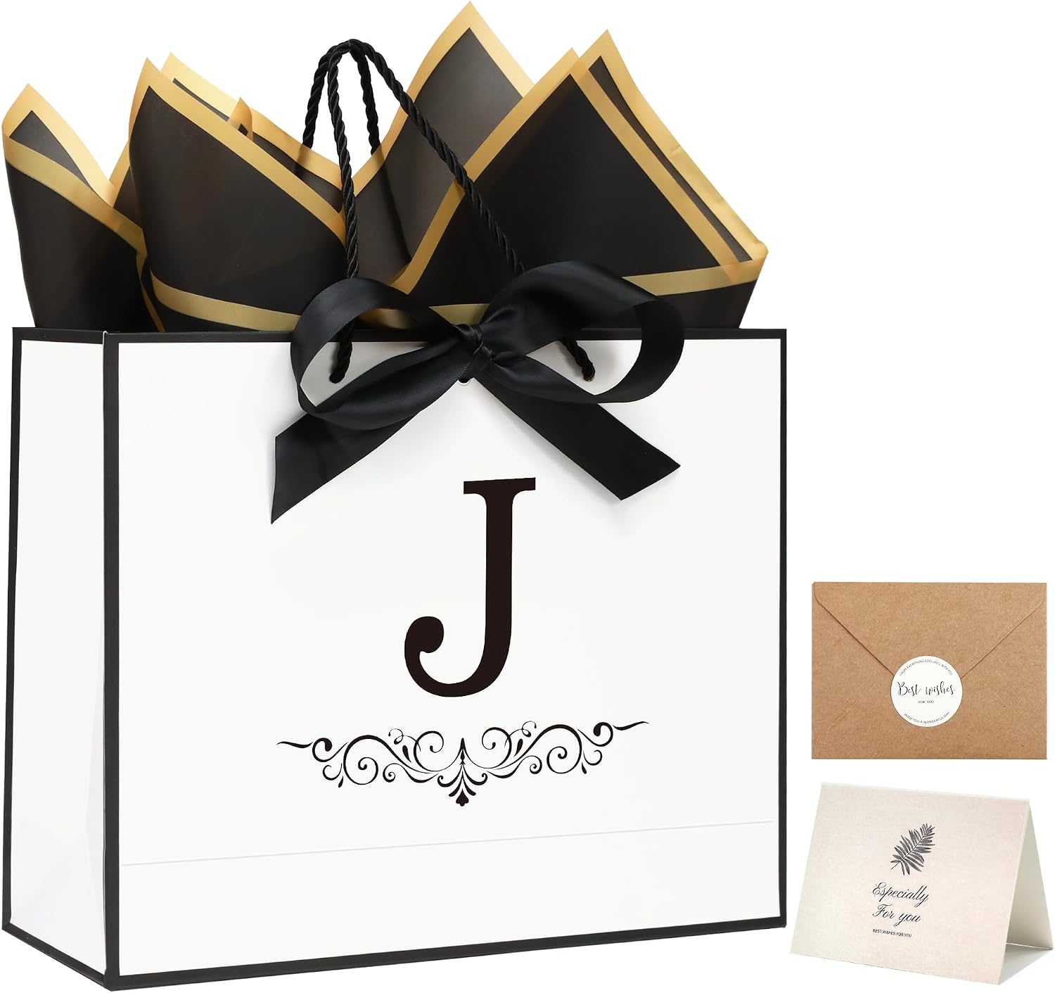 KeerxunBag Personalized Monogram Gift Bags Set - Initial J White Gift Bags with Bow, Tissue Paper, Greeting Card & Envelope for All | Medium Party Favors, Reusable Gift Packaging (J)