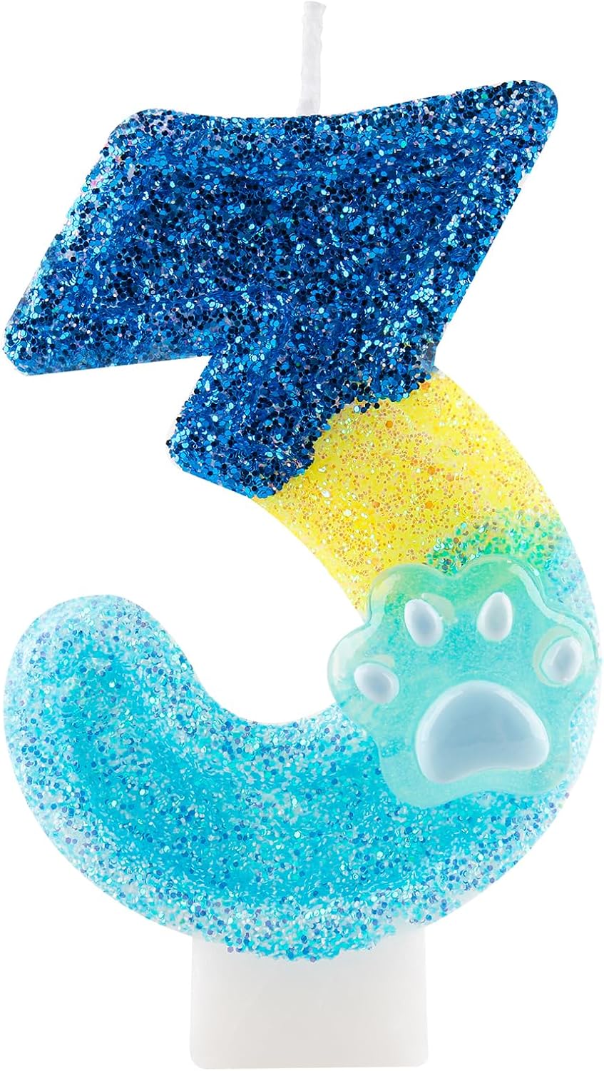 Glitter Dog and Cat 3rd Birthday Candle Blue Numbers 3 Candle Paw Cake Topper Cupcake Decorations for Pet Theme Party Decor Anniversary Celebrations Supplies