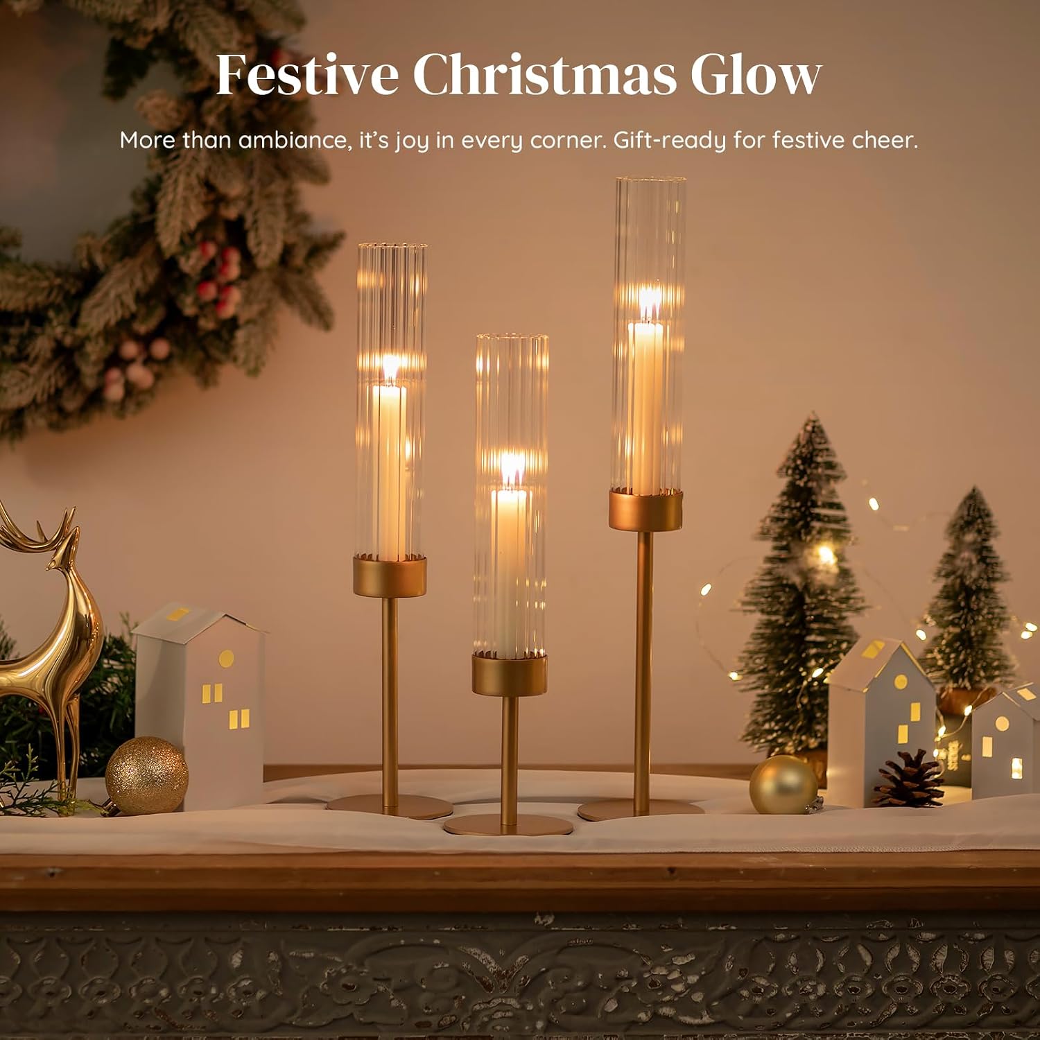 Gold Hurricane Taper Candle Holders: Glasseam 3Pcs Brass Candlestick Holders with Ribbed Glass Cylinder Cover Fluted Tall Candle Sticks Holder Decor for Table Centerpiece Wedding Christmas Decorations
