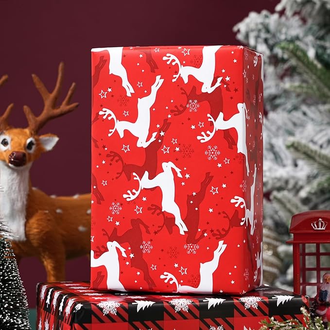 Ulmasinn Reversible Christmas Wrapping Paper Roll - 17" x33ft Double-Sided Designs with Red Nordic Reindeer & Geometric Snowflake, Xmas Gift Wrap for Presents, Table Decor & Crafting